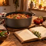 Cena ilustrativa com caçarola cinza e caderno de receitas em uma cozinha acolhedora
