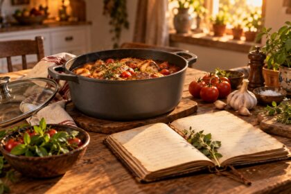 Cena ilustrativa com caçarola cinza e caderno de receitas em uma cozinha acolhedora