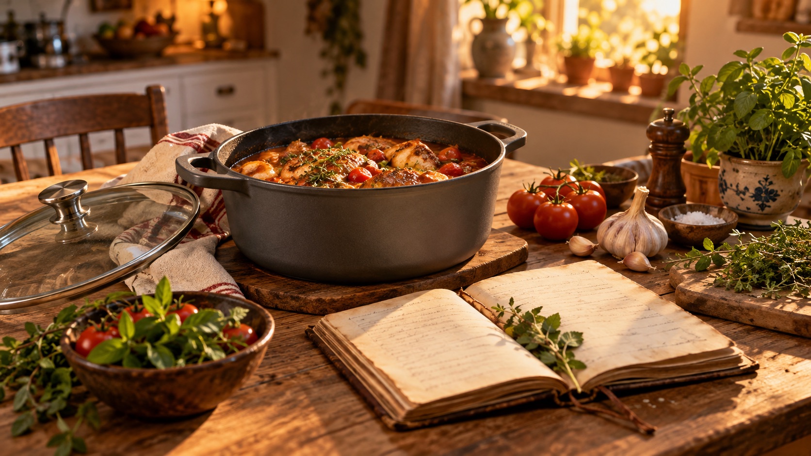 Cena ilustrativa com caçarola cinza e caderno de receitas em uma cozinha acolhedora